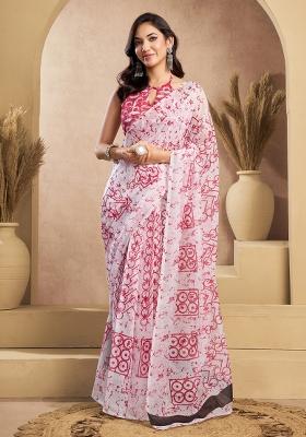 Red Printed Linen Saree Set