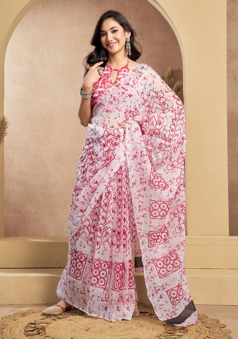Red Printed Linen Saree Set - Indya