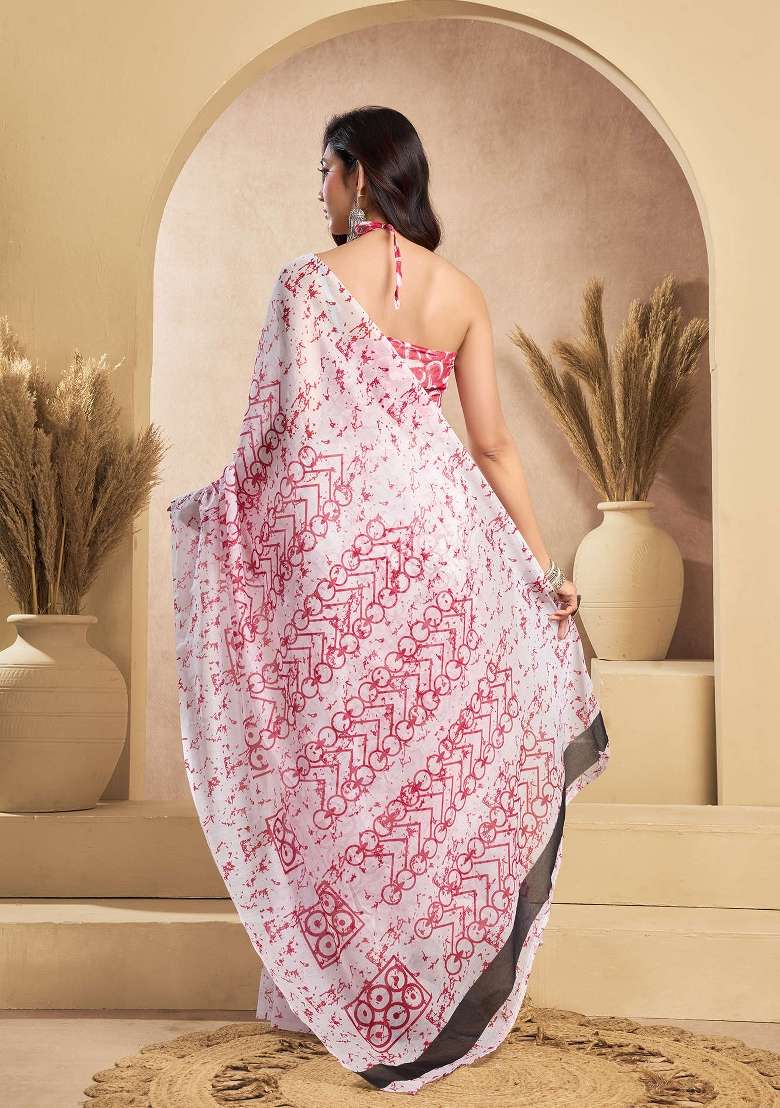 Red Linen Saree Set with Printed for Diwali | Wedding & Festive Wear - Indya