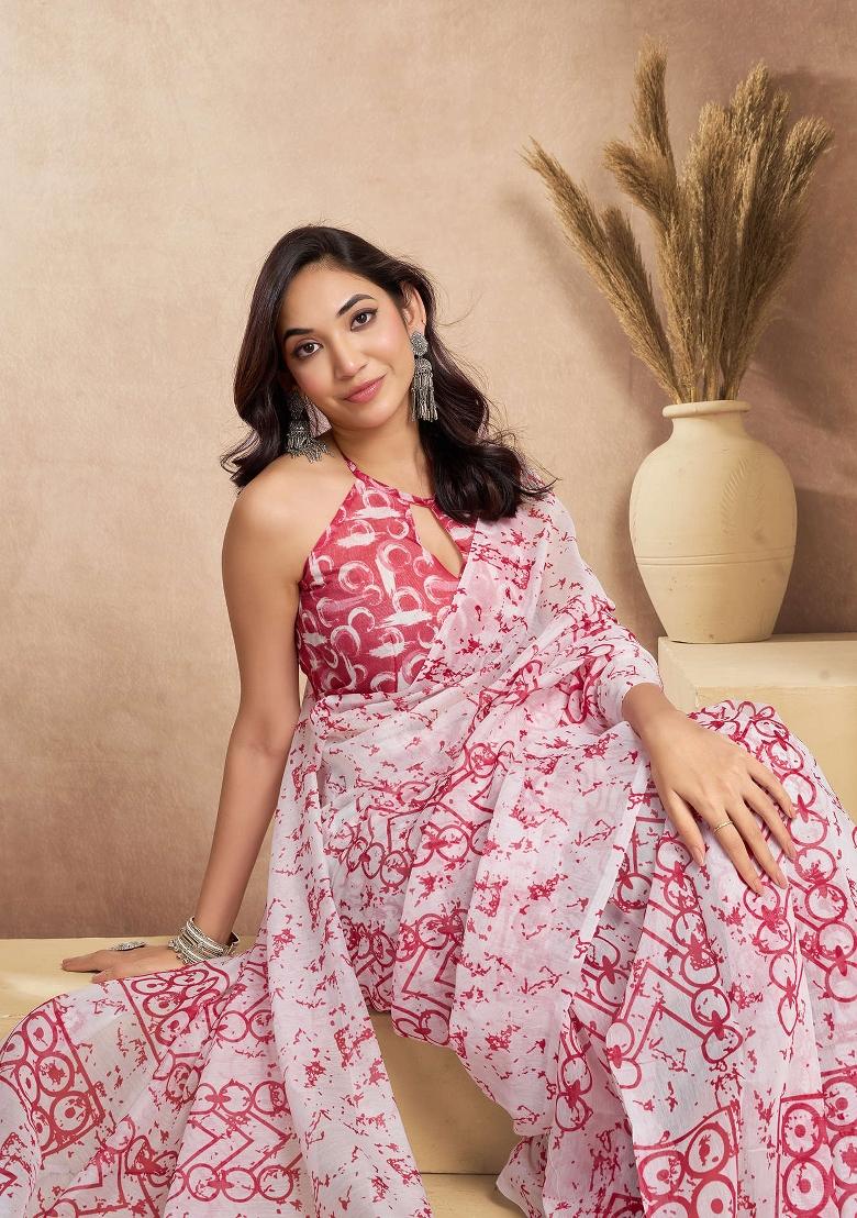 Red Printed Linen Saree Set - Indya