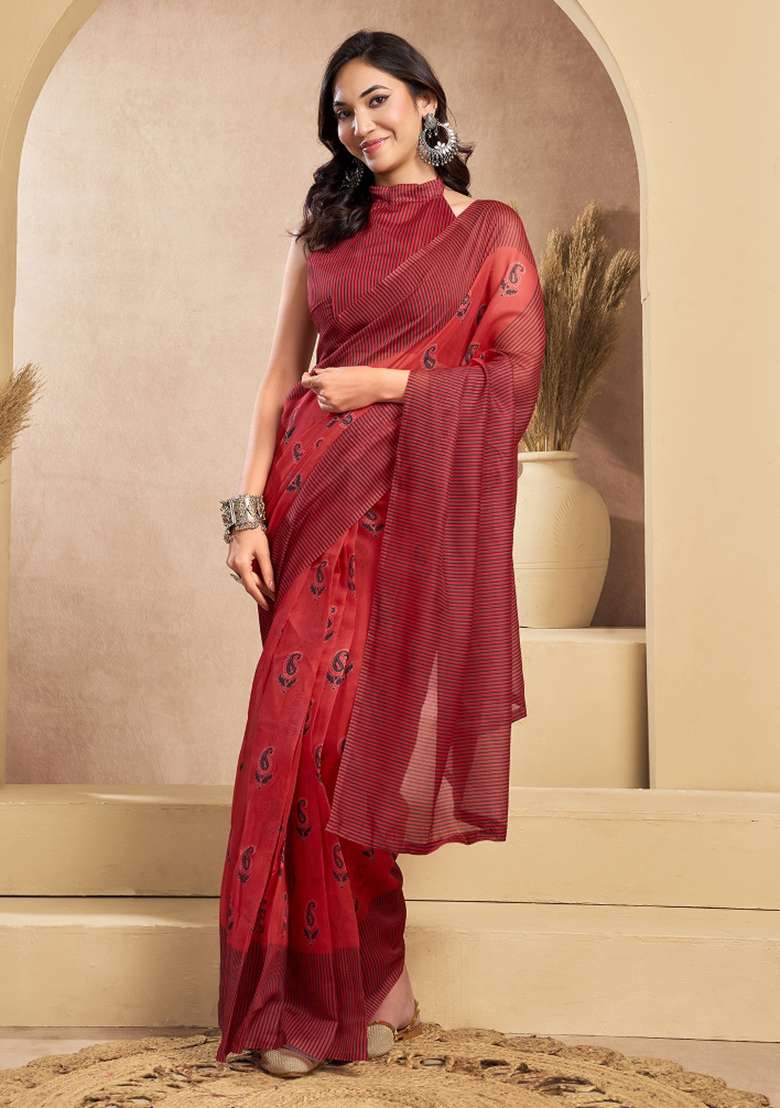 Rust Linen Saree Set with Printed for Diwali | Wedding & Festive Wear - Indya