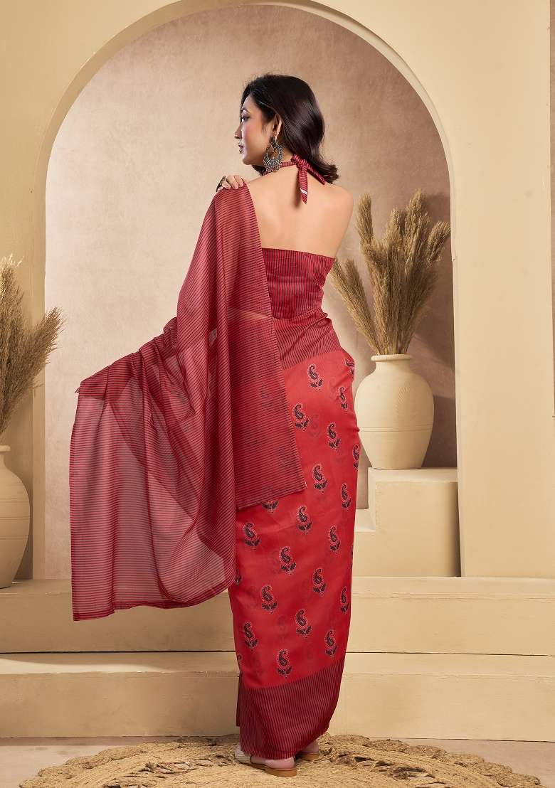 Rust Linen Saree Set with Printed for Diwali | Wedding & Festive Wear - Indya
