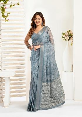 Sea Blue Printed Linen Saree Set