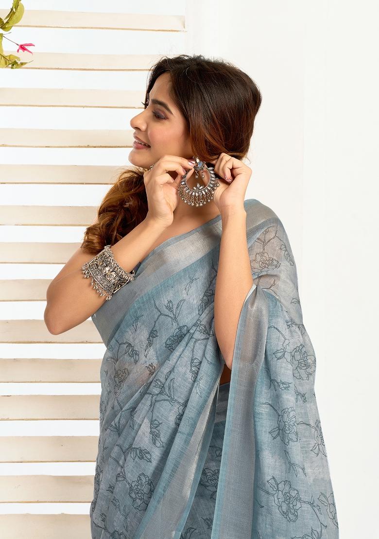 Sea Blue Printed Linen Saree Set - Indya