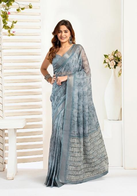 Sea Blue Printed Linen Saree Set