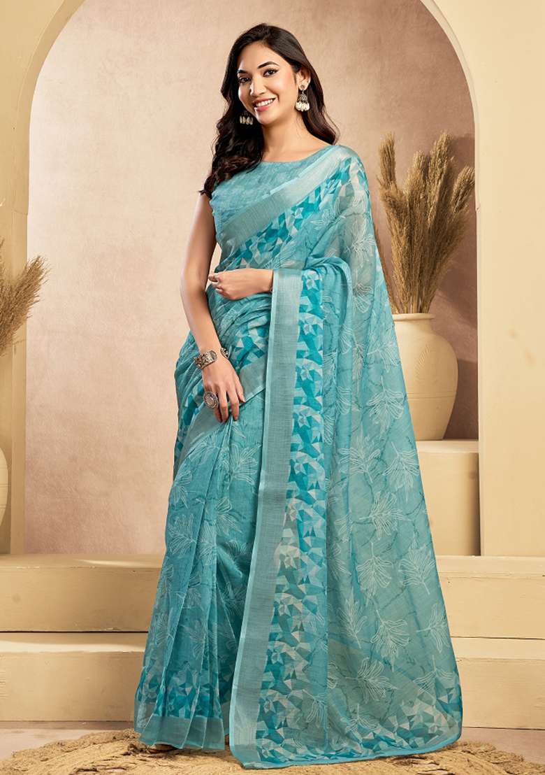 Sky Blue Printed Linen Saree Set for Diwali and Festive Wear - Indya