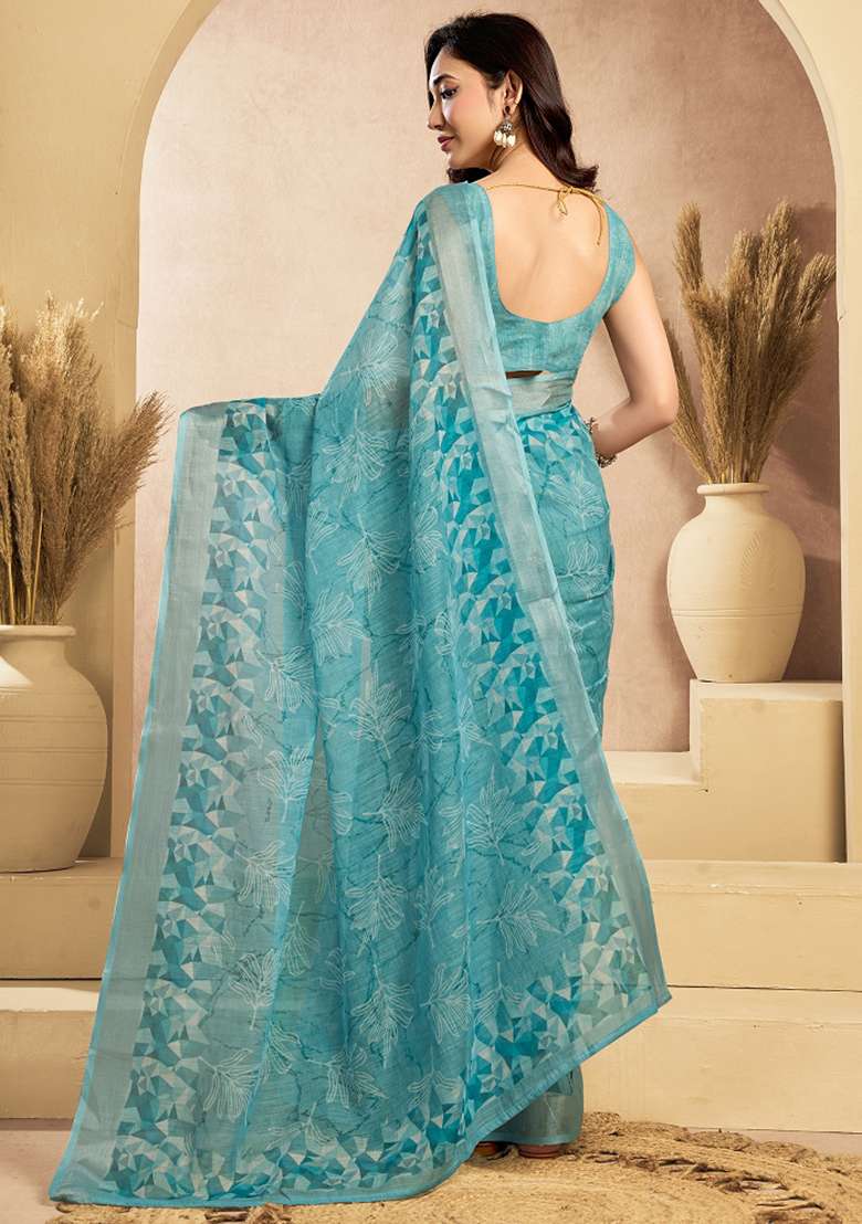 Sky Blue Printed Linen Saree Set for Diwali and Festive Wear - Indya