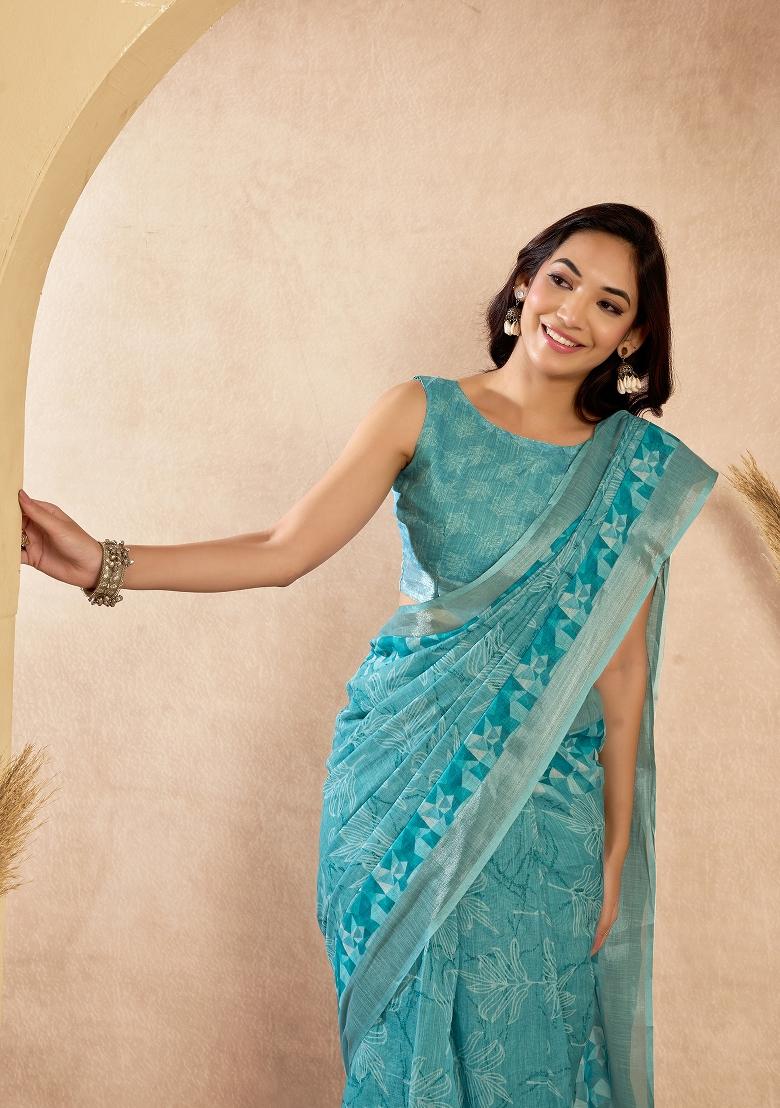 Sky Blue Printed Linen Saree Set - Indya