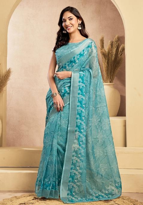 Sky Blue Printed Linen Saree Set