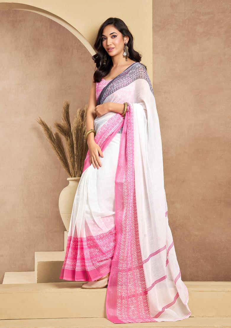 White Printed Linen Saree Set - Indya