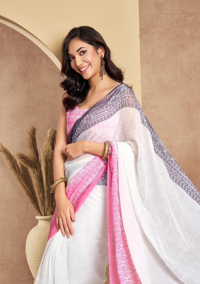 White Printed Linen Saree Set - Indya