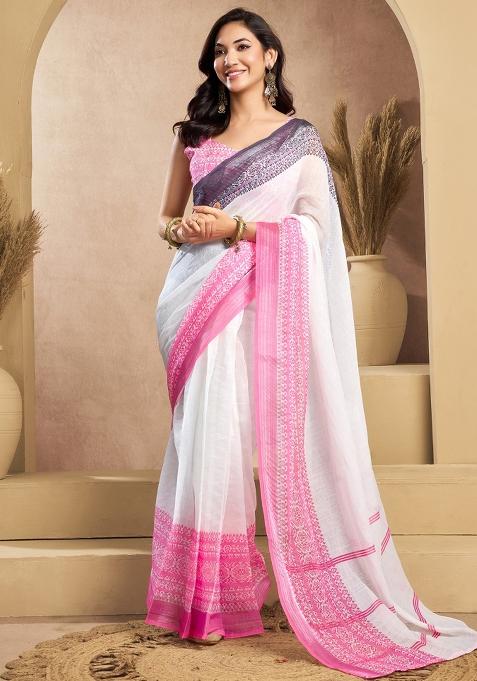 White Printed Linen Saree Set