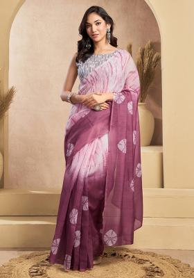 Onion Pink Printed Linen Saree Set