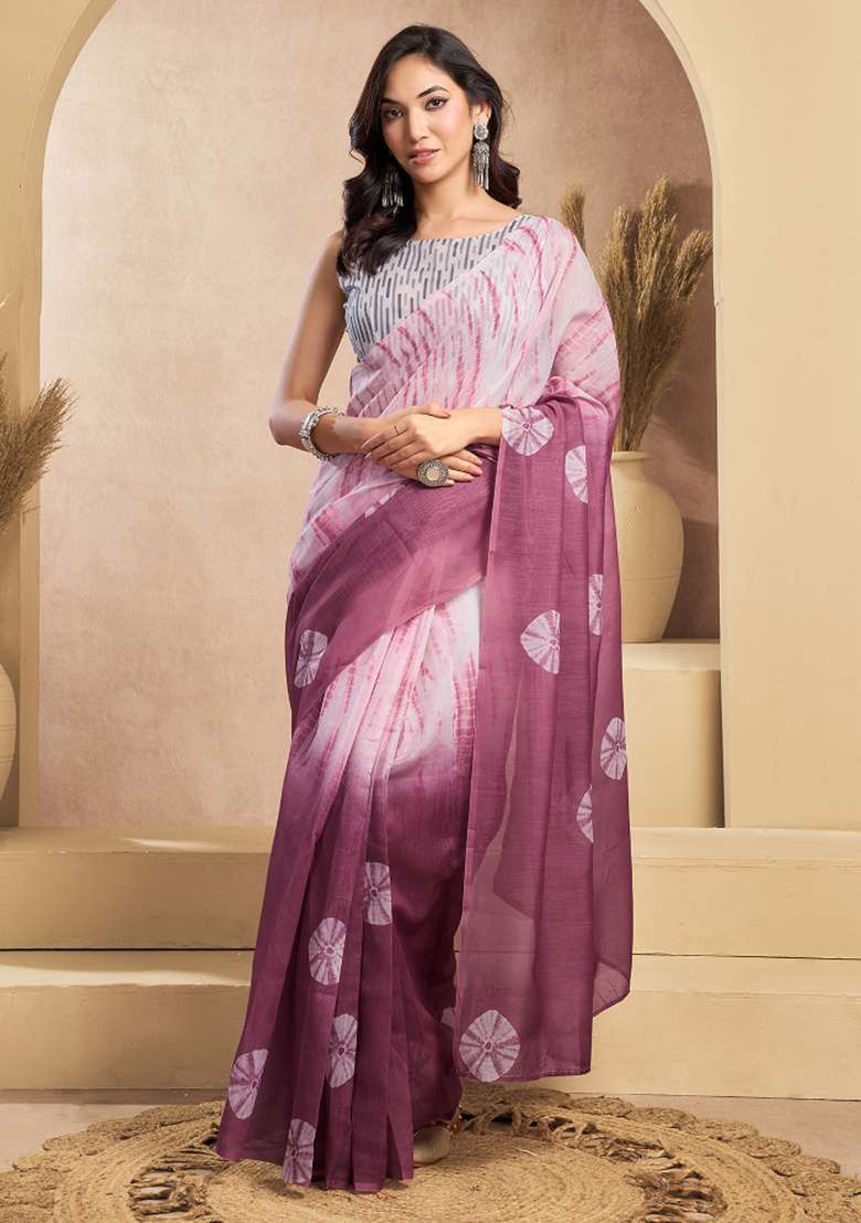 Onion Pink Printed Linen Saree Set for Diwali and Festive Wear - Indya