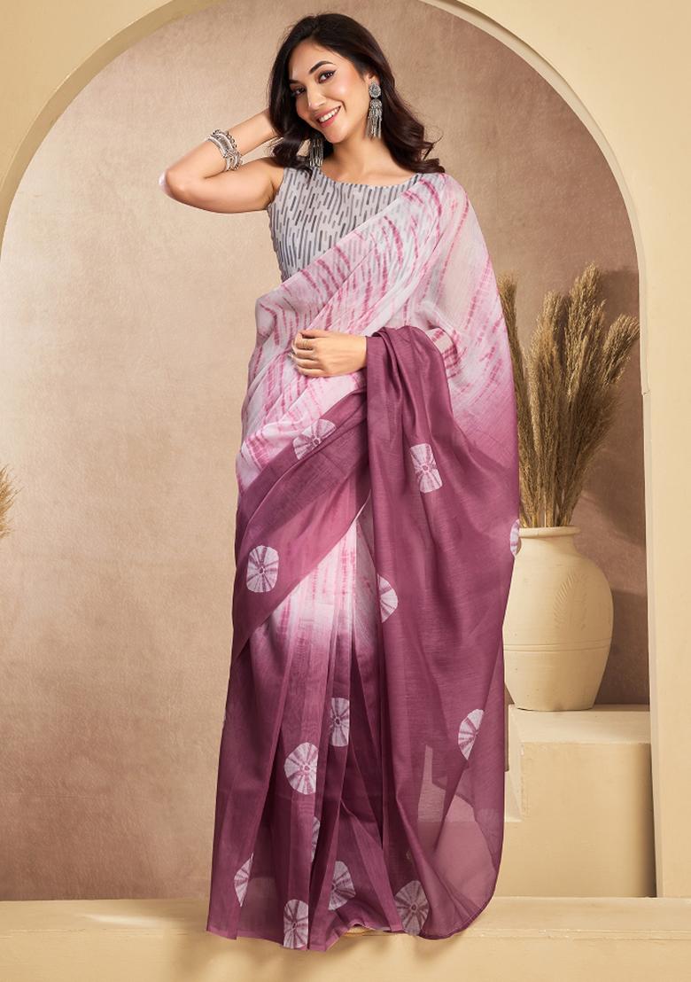 Onion Pink Printed Linen Saree Set - Indya