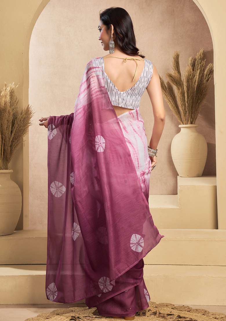 Onion Pink Printed Linen Saree Set for Diwali and Festive Wear - Indya