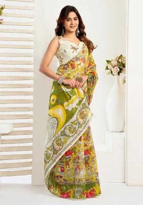 Yellow Printed Linen Saree Set