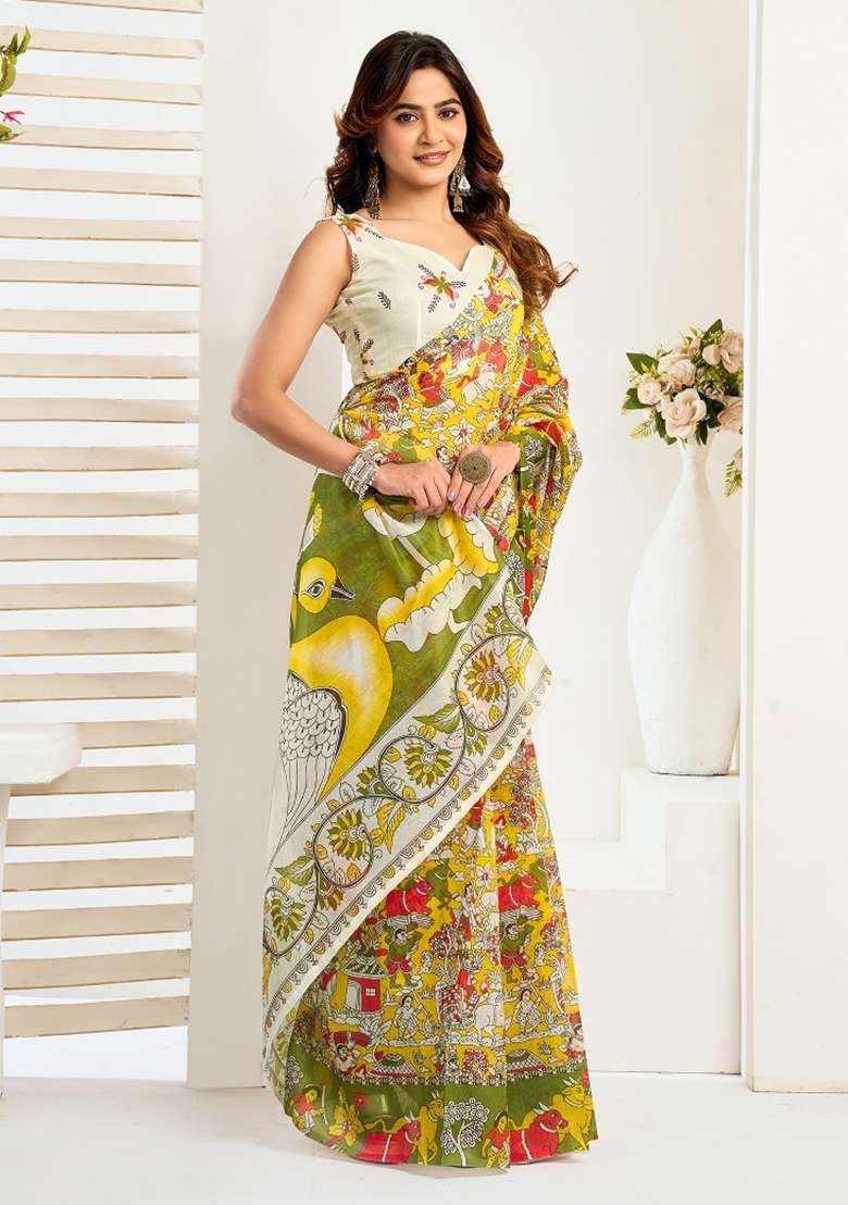 Yellow Linen Saree Set with Printed for Diwali | Wedding & Festive Wear - Indya