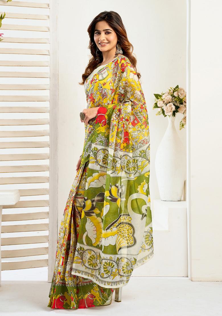 Yellow Printed Linen Saree Set - Indya