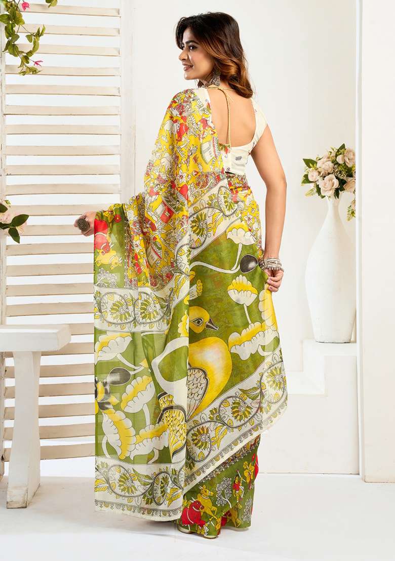 Yellow Linen Saree Set with Printed for Diwali | Wedding & Festive Wear - Indya