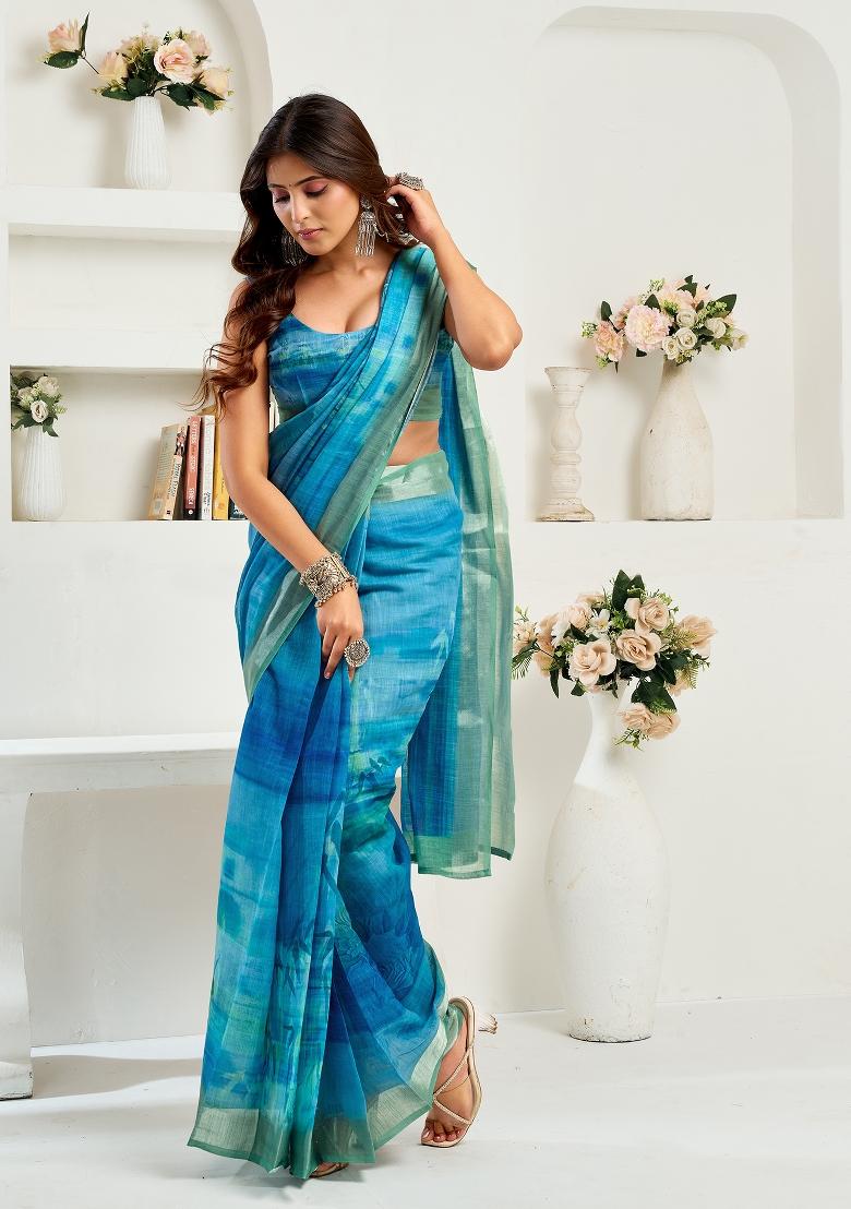 Aqua Blue Printed Linen Saree Set - Indya