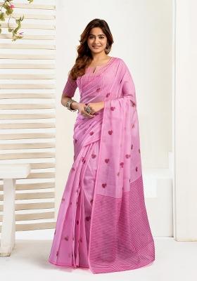 Baby Pink Printed Linen Saree Set