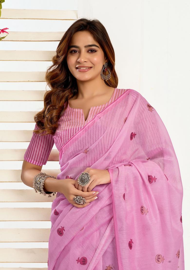 Baby Pink Printed Linen Saree Set - Indya