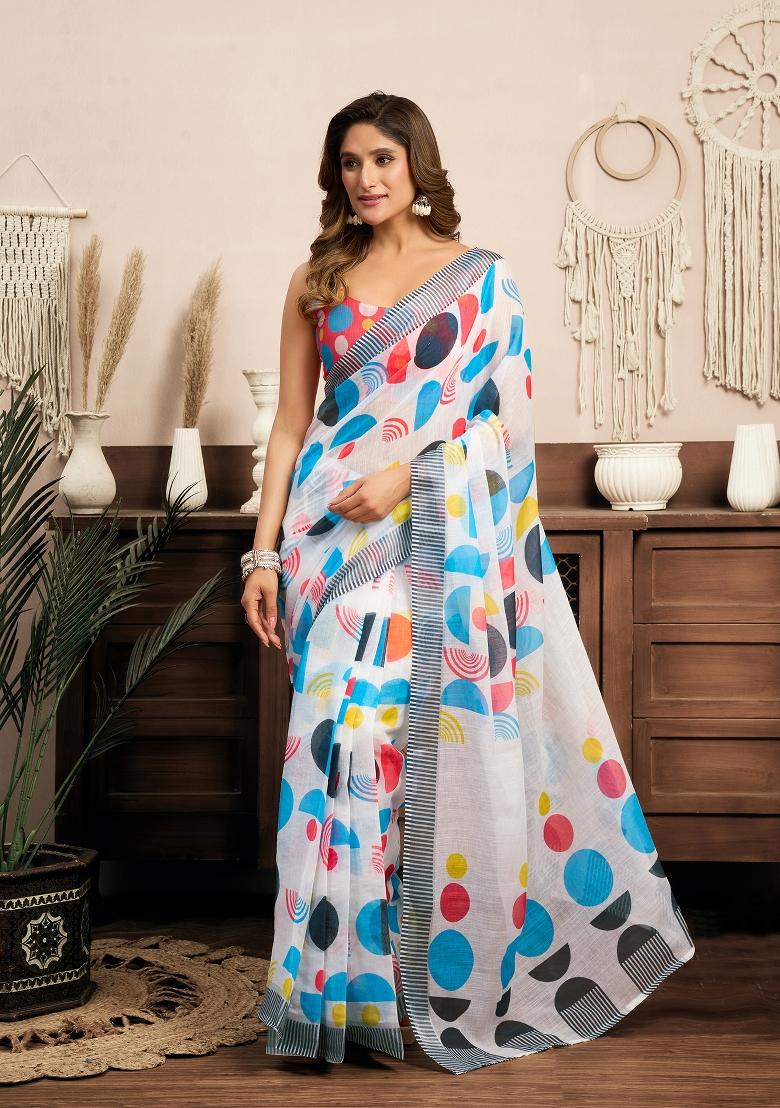 Multicolor Printed Linen Saree Set - Indya