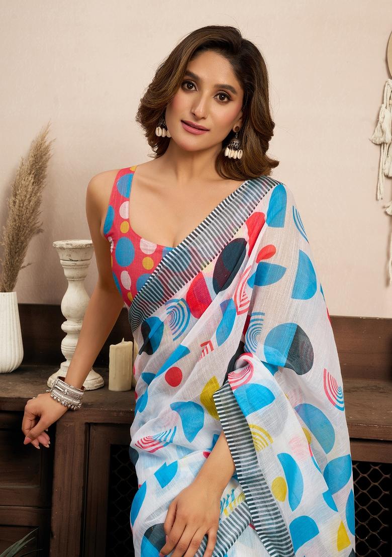 Multicolor Printed Linen Saree Set - Indya