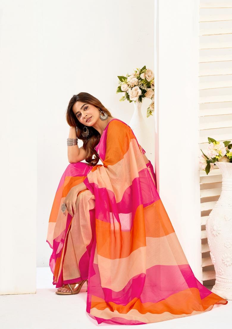 Multicolor Printed Linen Saree Set - Indya