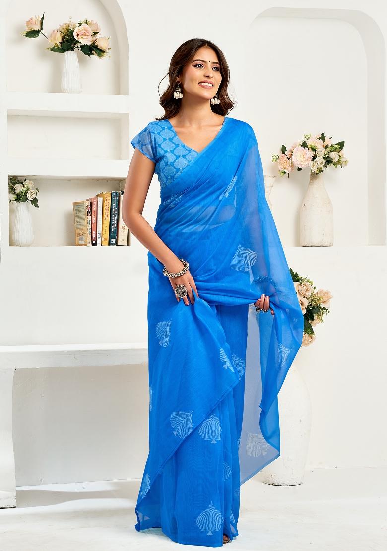 Blue Printed Linen Saree Set - Indya