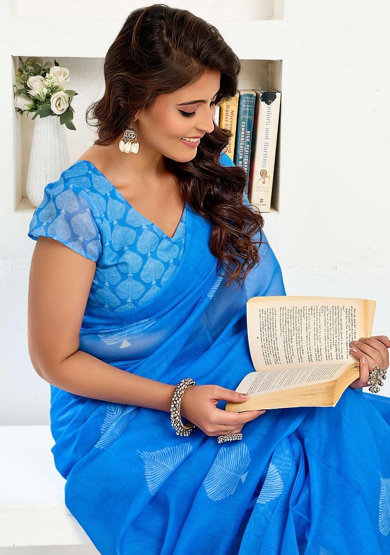 Blue Printed Linen Saree Set - Indya