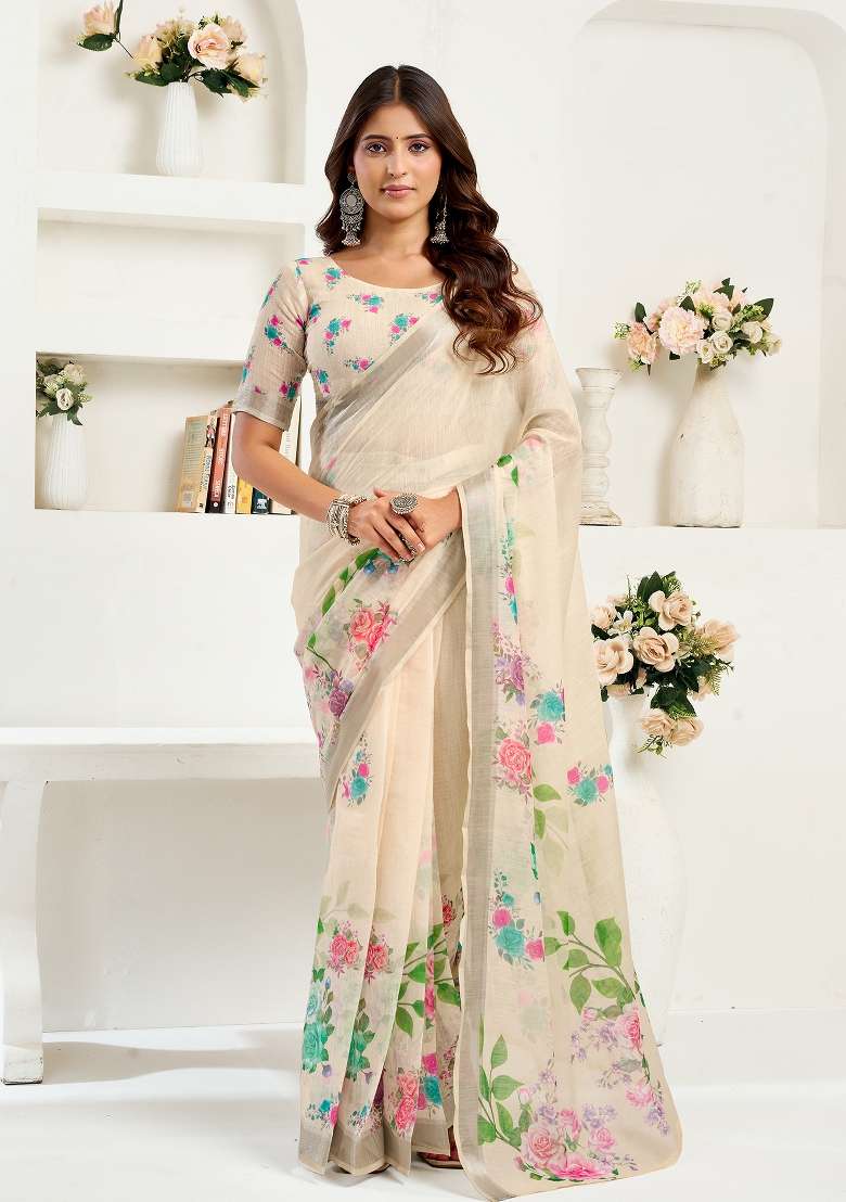 Cream Printed Linen Saree Set for Diwali and Festive Wear - Indya