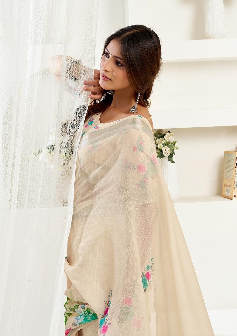 Cream Printed Linen Saree Set - Indya