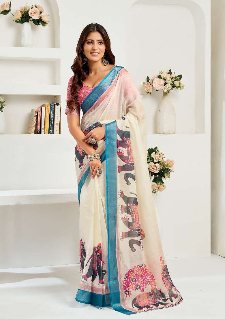 Cream Printed Linen Saree Set for Diwali and Festive Wear - Indya