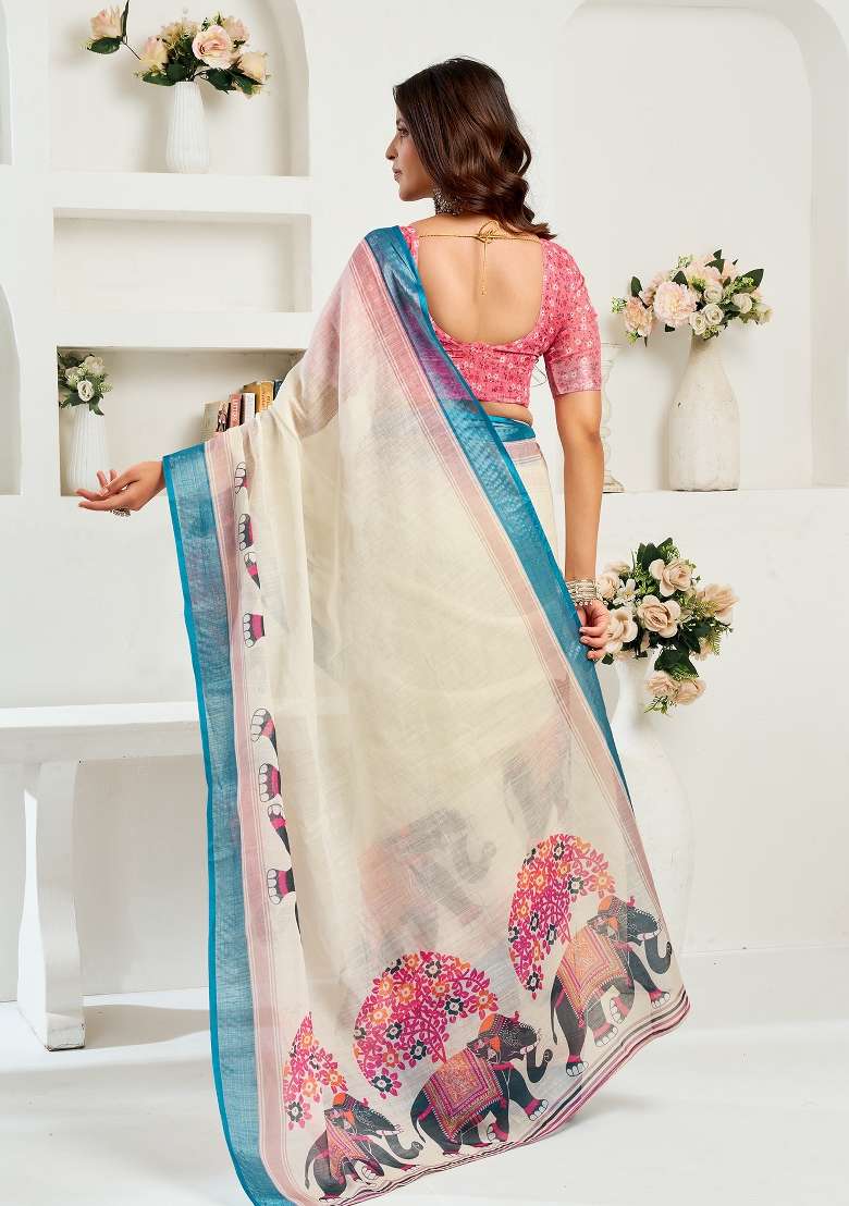 Cream Printed Linen Saree Set for Diwali and Festive Wear - Indya