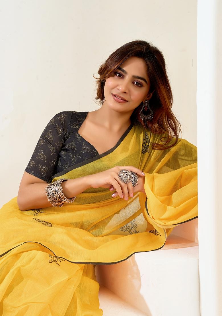 Mustard Printed Linen Saree Set - Indya