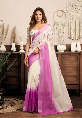 Lavender Printed Linen Saree Set