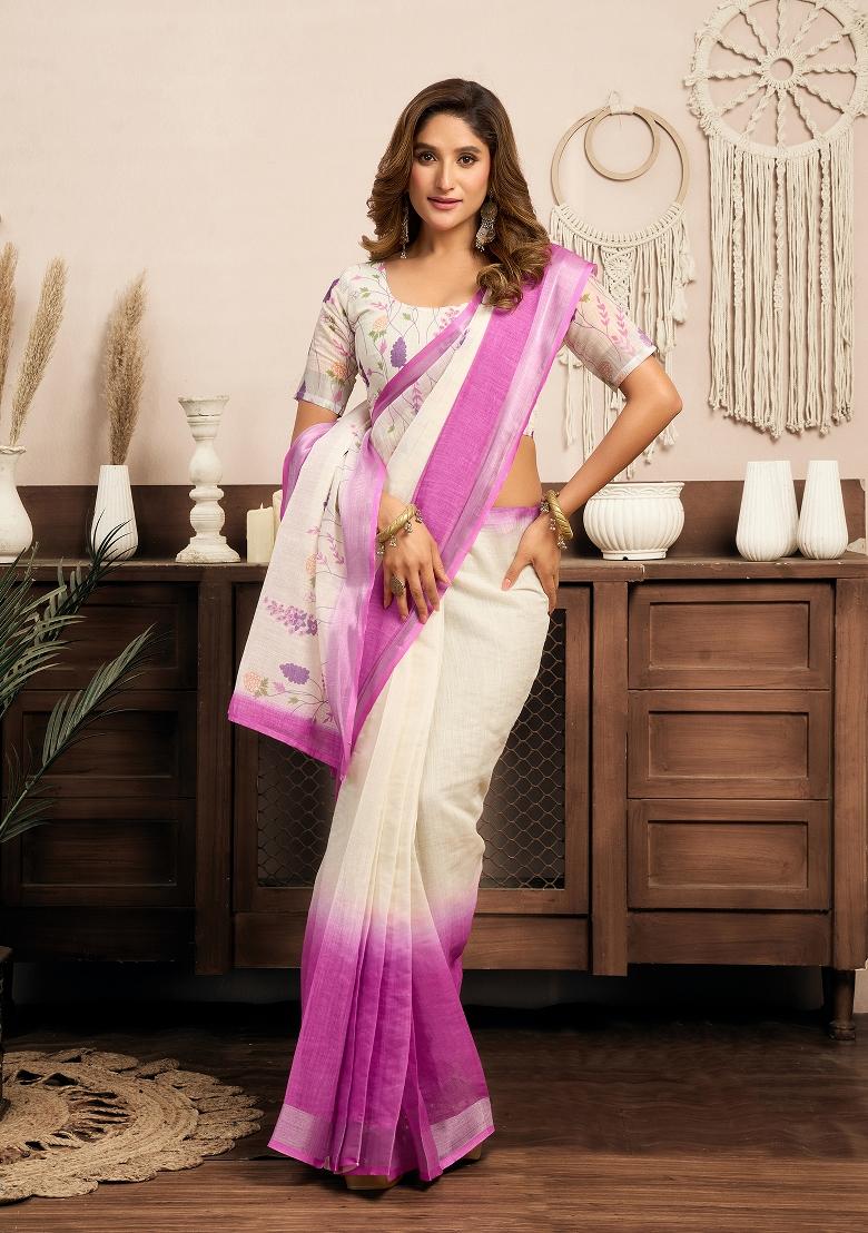 Lavender Printed Linen Saree Set - Indya