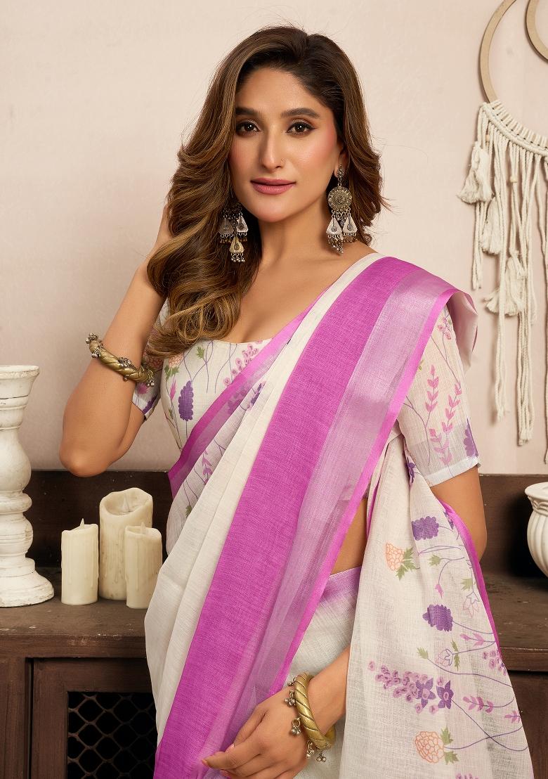 Lavender Printed Linen Saree Set - Indya
