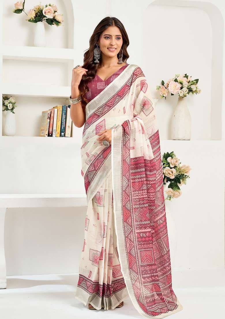 Maroon Printed Linen Saree Set for Diwali and Festive Wear - Indya