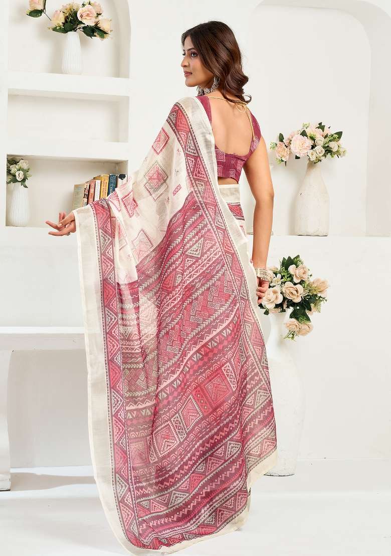 Maroon Printed Linen Saree Set for Diwali and Festive Wear - Indya