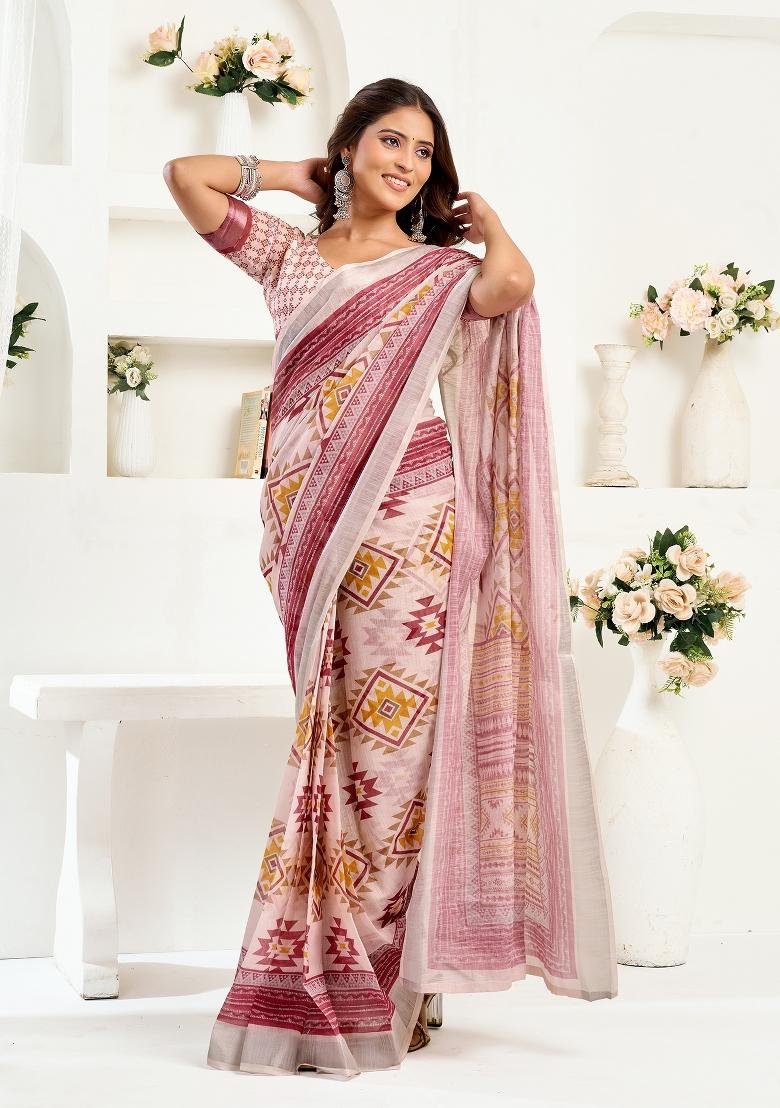 Off White Printed Linen Saree Set - Indya