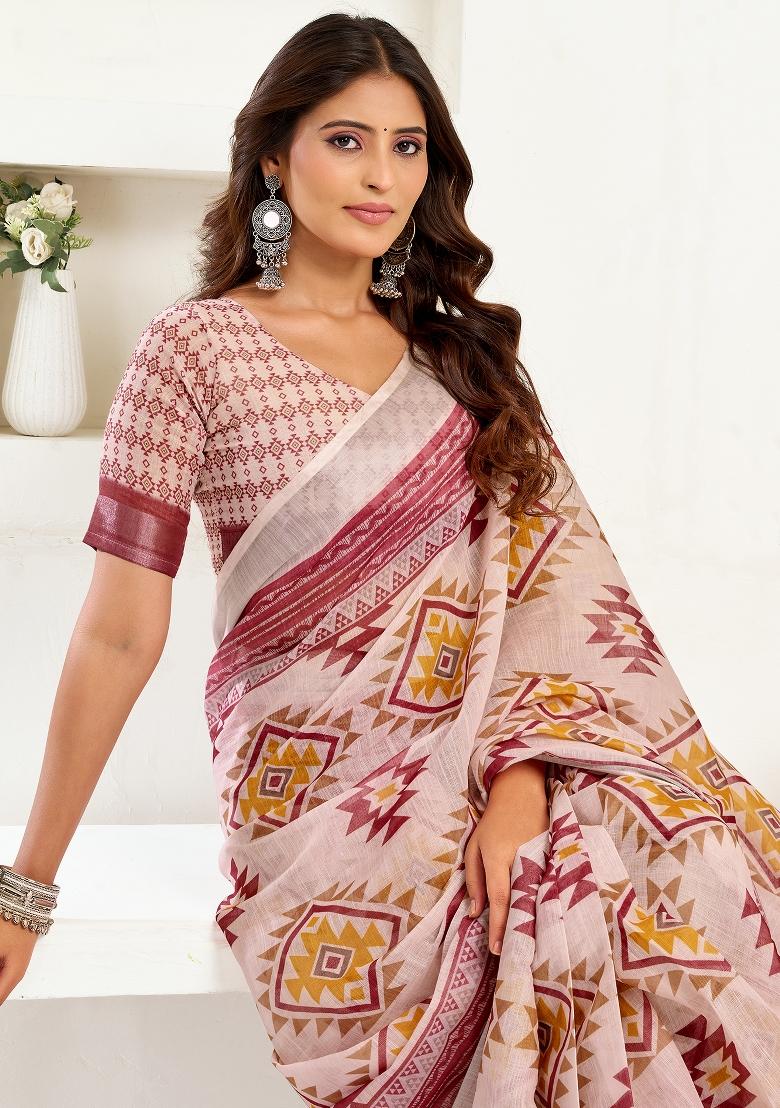 Off White Printed Linen Saree Set - Indya