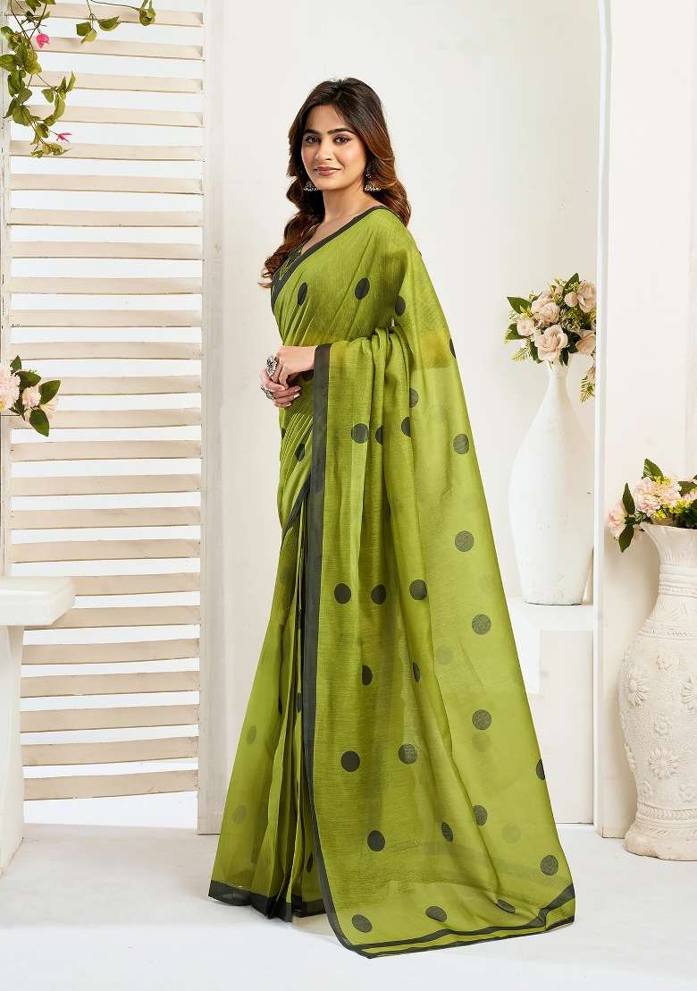Olive Linen Saree Set with Printed for Diwali | Wedding & Festive Wear - Indya