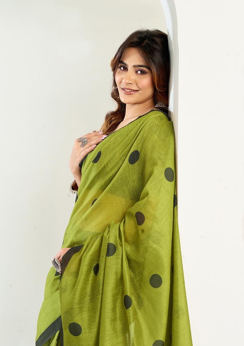 Olive Printed Linen Saree Set - Indya