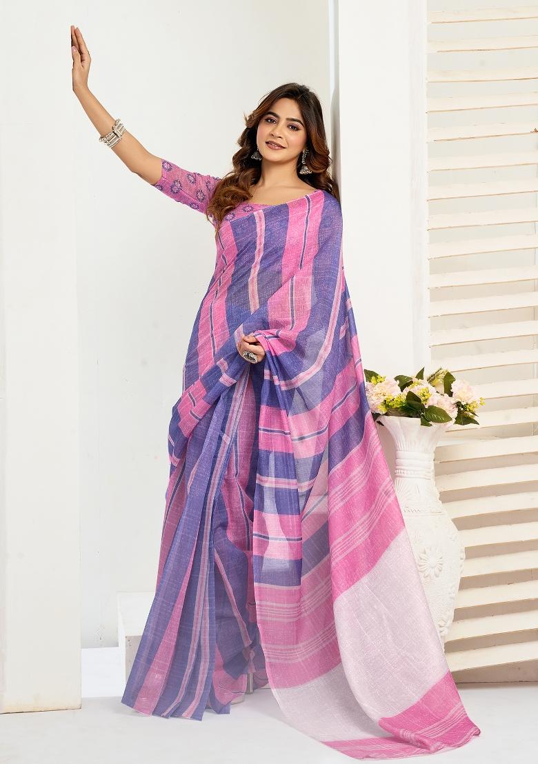 Multicolor Printed Linen Saree Set - Indya
