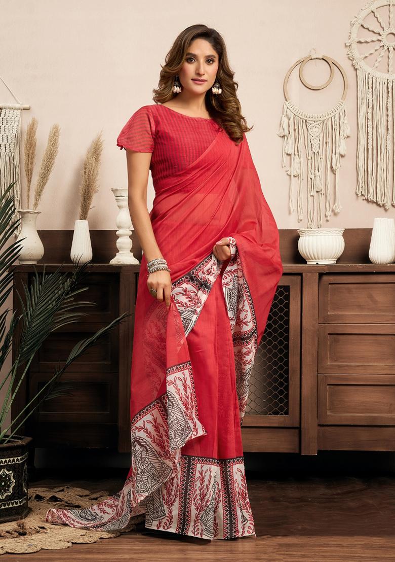 Red Printed Linen Saree Set - Indya