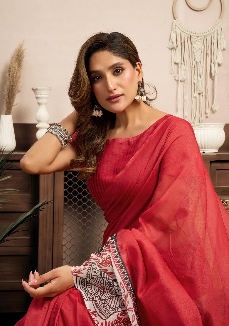 Red Printed Linen Saree Set - Indya