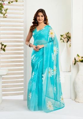Sky Blue Printed Linen Saree Set